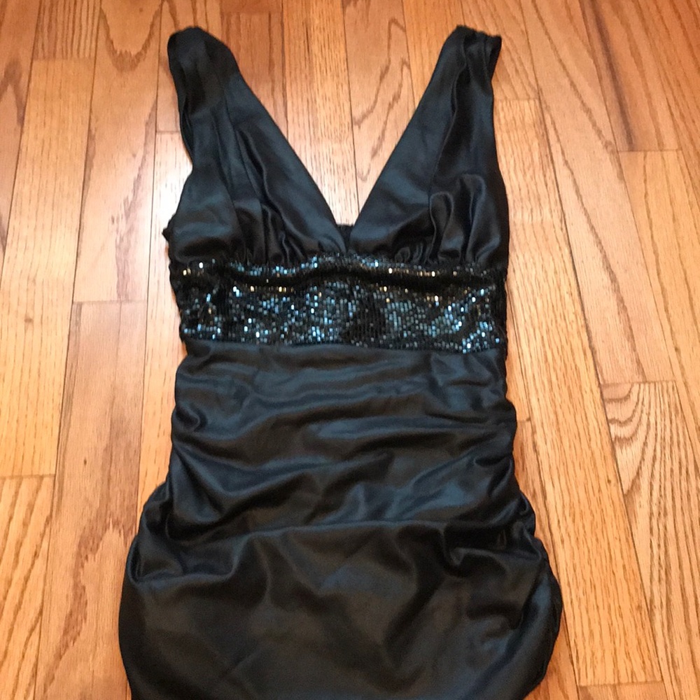 Bebe Faux Leather Ruched Top-sequin detail- XS
